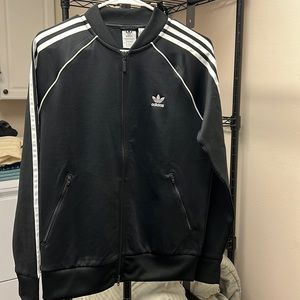 Vintage Medium Adidas Black Sports Jacket with Two Zipper Pockets